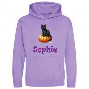 Halloween Black Cat Pumpkin Any Name Childrens Hoodie