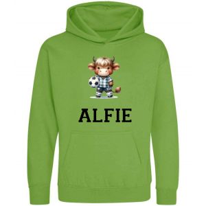 Highland Cow Footballer Any Name Childrens Hoodie