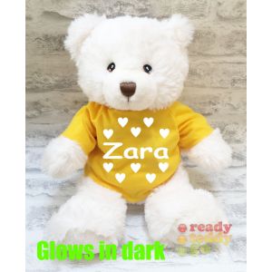 Large Harry White Teddy Bear - Glow in the Dark T-Shirt Name + Hearts