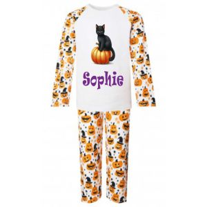 Halloween Black Cat Pumpkin Any Name Childrens Pyjamas