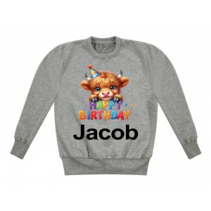 Happy Birthday Highland Cow Any Name Childrens Sweatshirt / Jumper