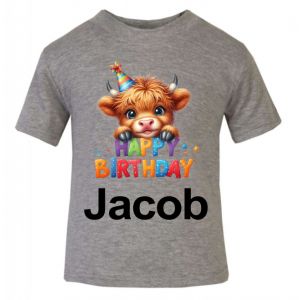 Happy Birthday Highland Cow Any Name Childrens Printed T-Shirt