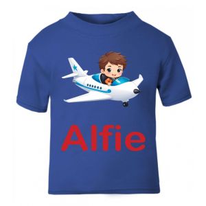 Boy Flying Airplane Any Name Childrens Printed T-Shirt