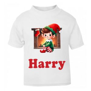 Christmas Elf Fireplace Any Name Childrens Printed T-Shirt