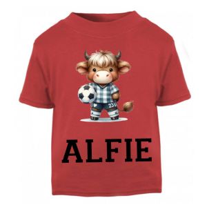 Highland Cow Footballer Any Name Childrens Printed T-Shirt