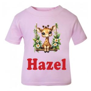 Giraffe on Swing Any Name Childrens Printed T-Shirt