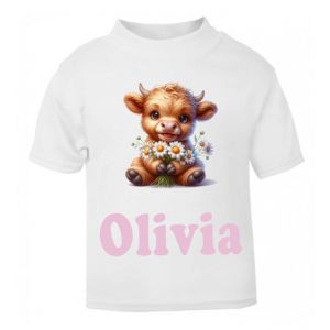 Highland Cow Daisy Any Name Childrens Printed T-Shirt