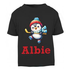 Penguin Ice Hockey Player Any Name Childrens Printed T-Shirt