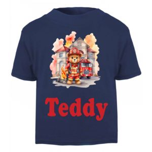 Fireman Teddy Watercolour Any Name Childrens Printed T-Shirt