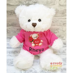 Valentines Day Bear with Roses + Any Name / Text Large Harry White Teddy Bear